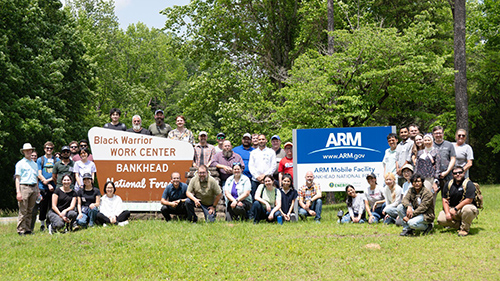 People gather around signs for the Bankhead National Forest ARM Mobile Facility site and neighboring Black Warrior Work Center.