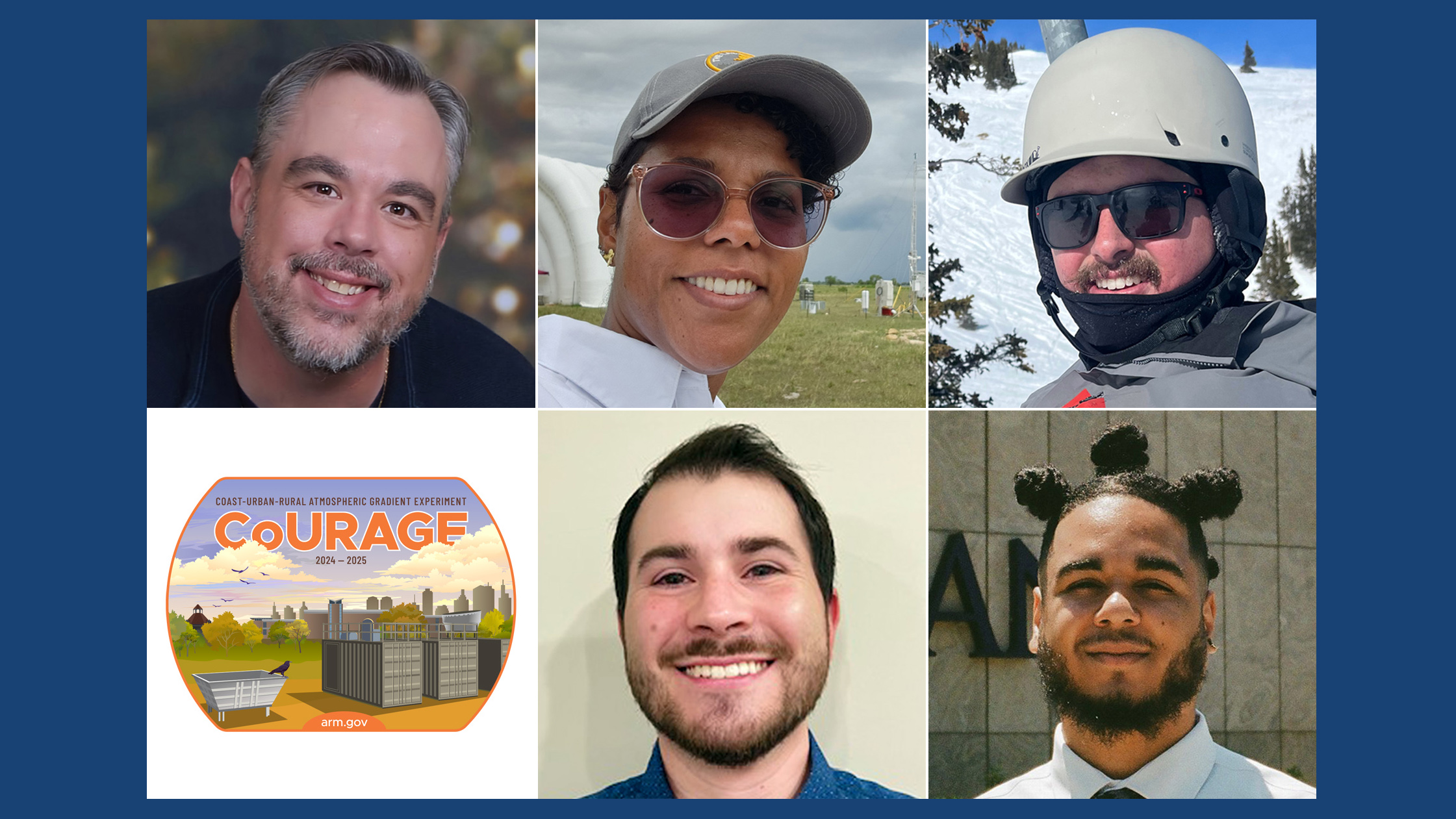 Portraits of five CoURAGE technicians and a graphic of the CoURAGE campaign