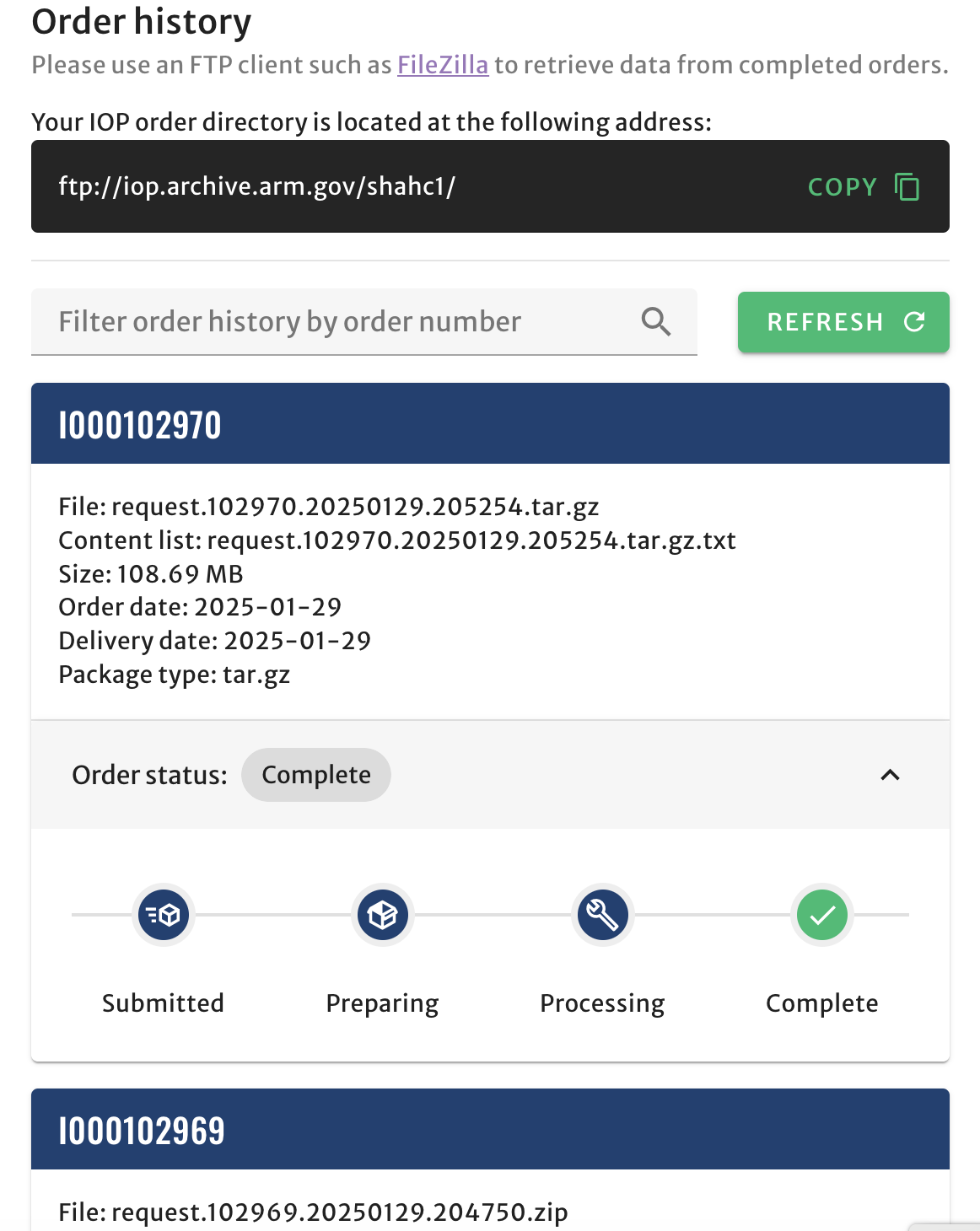 The Order History menu in ARM's Intensive Operational Period provides information on submitted orders, including file name, content list, size, order date, delivery date, and package type. The example order is a complete order. Submitted, Preparing, and Processing are the other statuses that could be highlighted for an order. You can also search for an order or access data on completed orders.