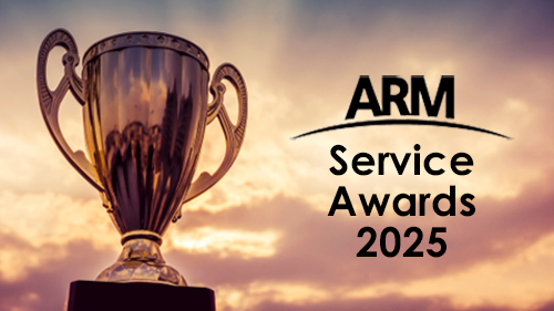 A graphic of a trophy with the ARM logo to the right and Service Awards 2025 underneath the logo