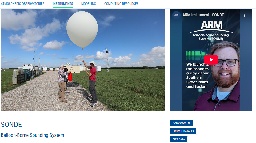 Screenshot of the top of the SONDE instrument page, featuring a launch photo, a mentor video, and buttons to access the instrument handbook and browse and cite data