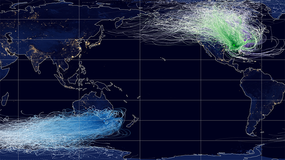 Lines show back trajectory ensemble means for ARM Mobile Facility deployments in Alabama (green), Tasmania (blue), and Maryland (purple). Image was generated by Israel Silber, Pacific Northwest National Laboratory, using a Web Map Tile Service (https://gitc.earthdata.nasa.gov/wmts/epsg4326/best/) and Cartopy.