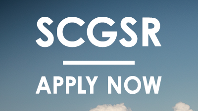 White, puffy clouds with text: "SCGSR Apply Now"